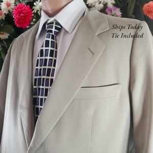 Emenegildo Zegna Men's 36L Solid Beige Blazer Sport Coat & Tie 10782